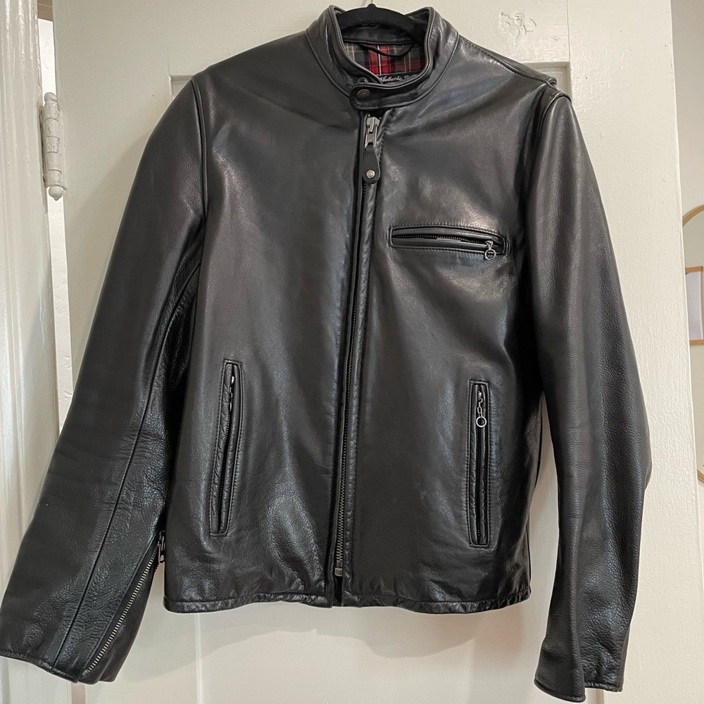 Schott NYC Waxed Natural Pebbled Cowhide Café Black Leather Jacket- Size M